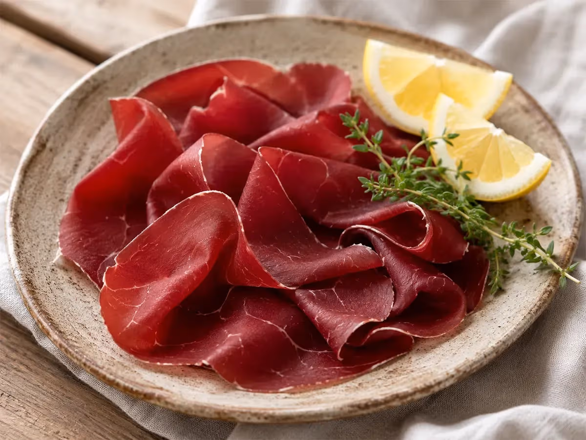 Fette di bresaola color rosso bordeaux su piatto rustico con spicchi di limone e rametti di timo