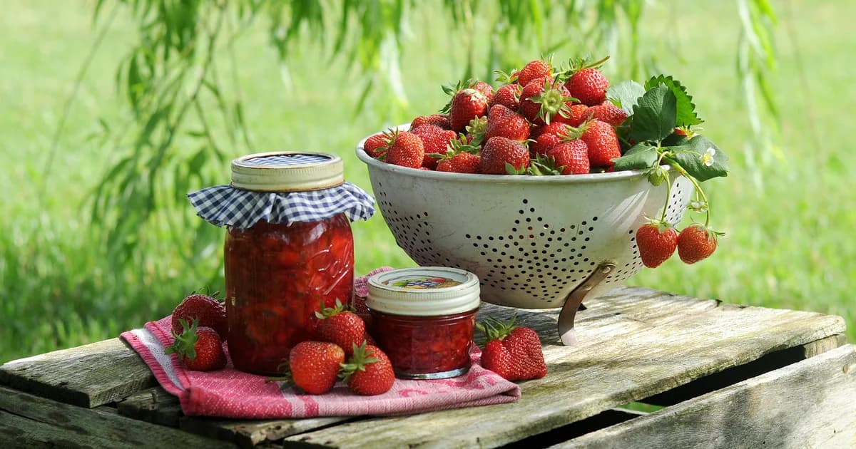 Vasetti rustici di marmellata di fragole accanto a uno scolapasta colmo di fragole rosse fresche su tavola di legno all'aperto