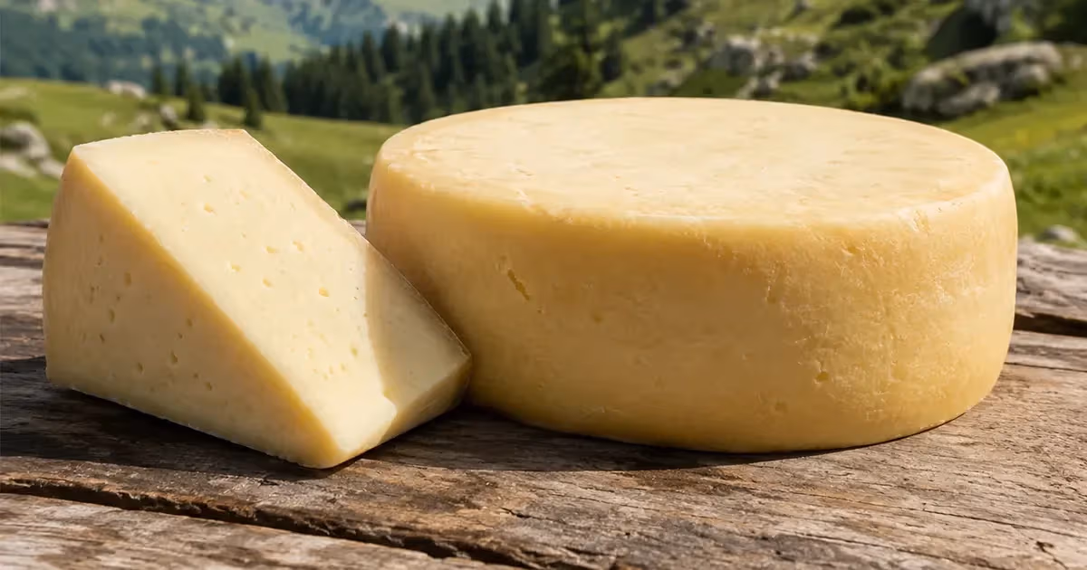 Forma intera e spicchio di Asiago DOP su tavola di legno rustico con prati alpini sullo sfondo