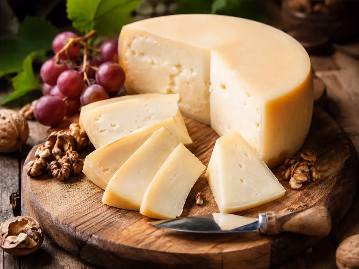 Forma rotonda di Asiago DOP affettata su tagliere con noci e uva rossa come accompagnamento