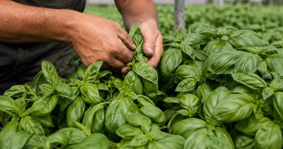 Mani che raccolgono foglie di basilico genovese DOP fresco e rigoglioso in coltivazione