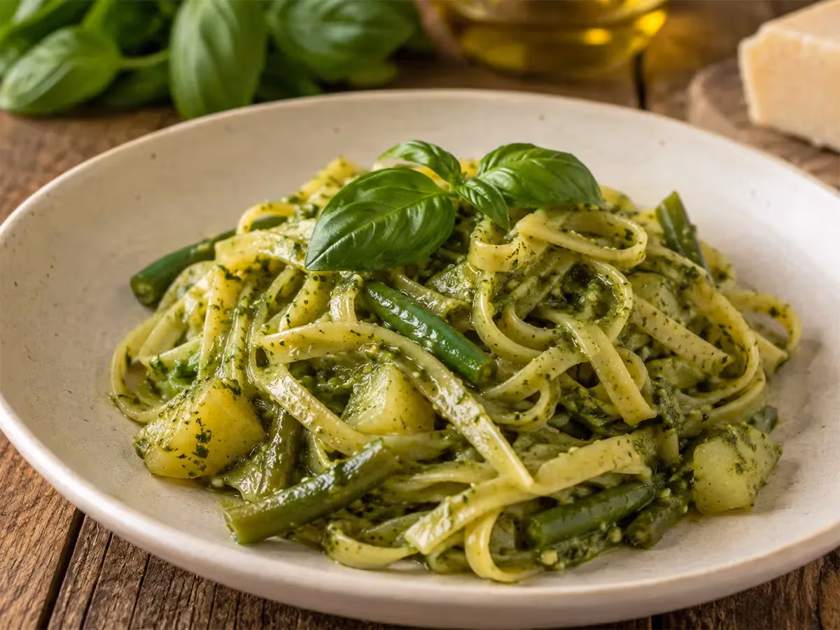 Linguine al pesto con fagiolini e patate a pezzetti in piatto bianco rustico