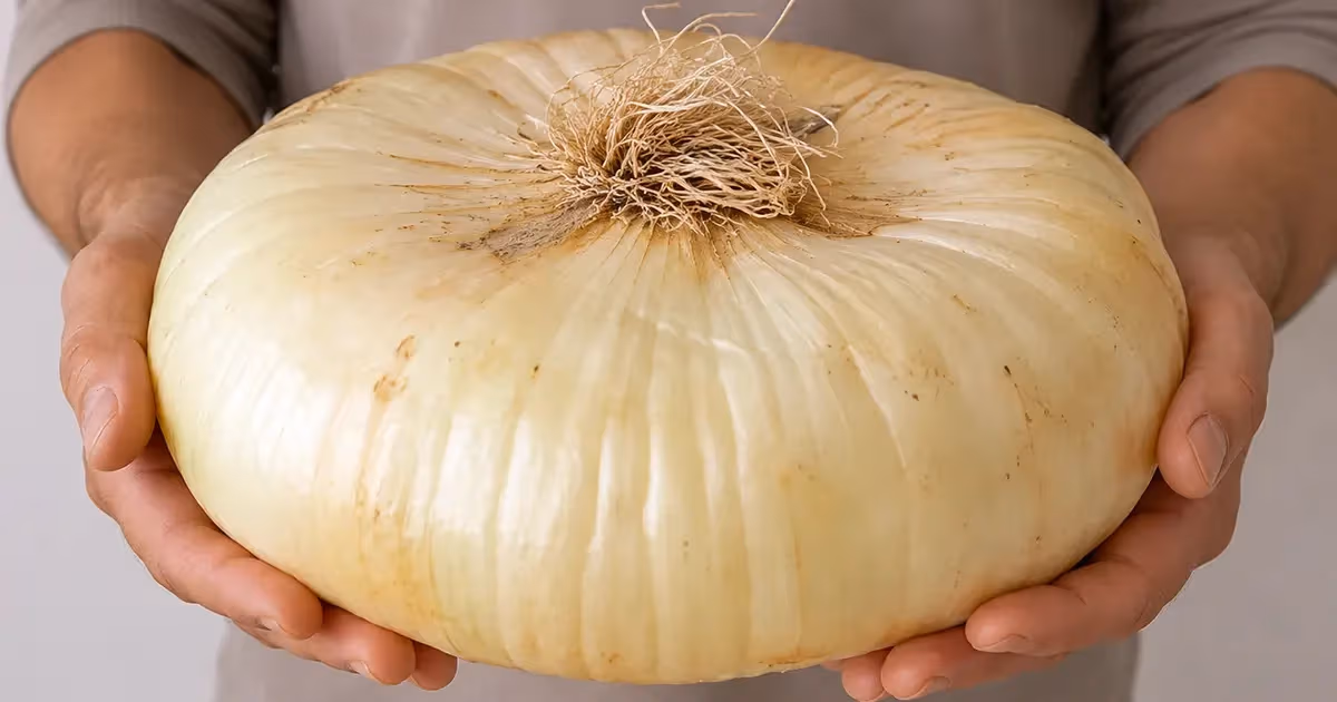 Cipolla di Giarratana gigante bianca e piatta tenuta tra due mani con radici visibili