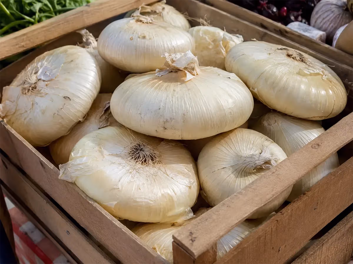 Cassa di legno colma di cipolle di Giarratana bianche schiacciate al mercato
