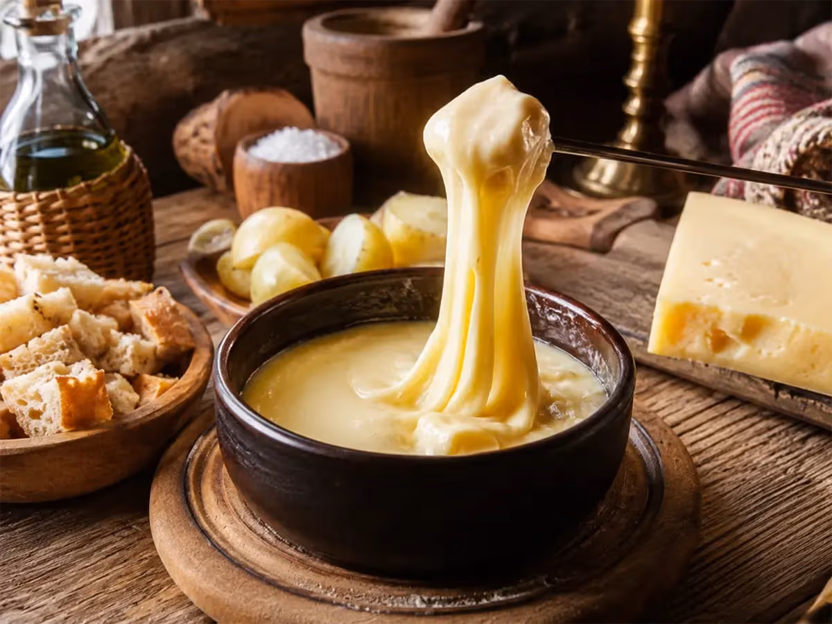 Formaggio fuso cremoso che si allunga in fili dorati da ciotola scura con patate e pane