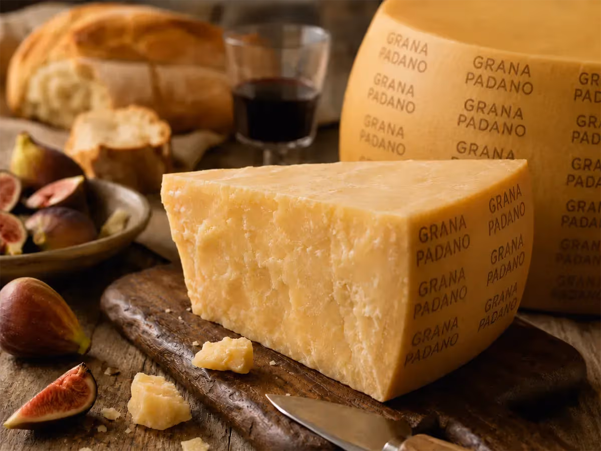 Spicchio di Grana Padano su tagliere rustico affiancato da fichi freschi e vino rosso