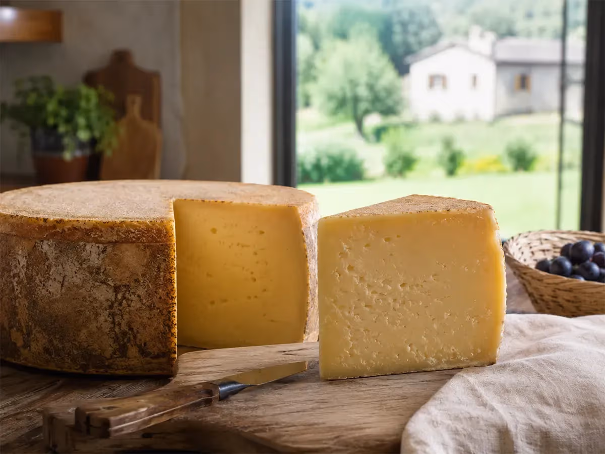 Forma di formaggio stagionato aperta su tagliere con spicchio separato e vista su prato verde