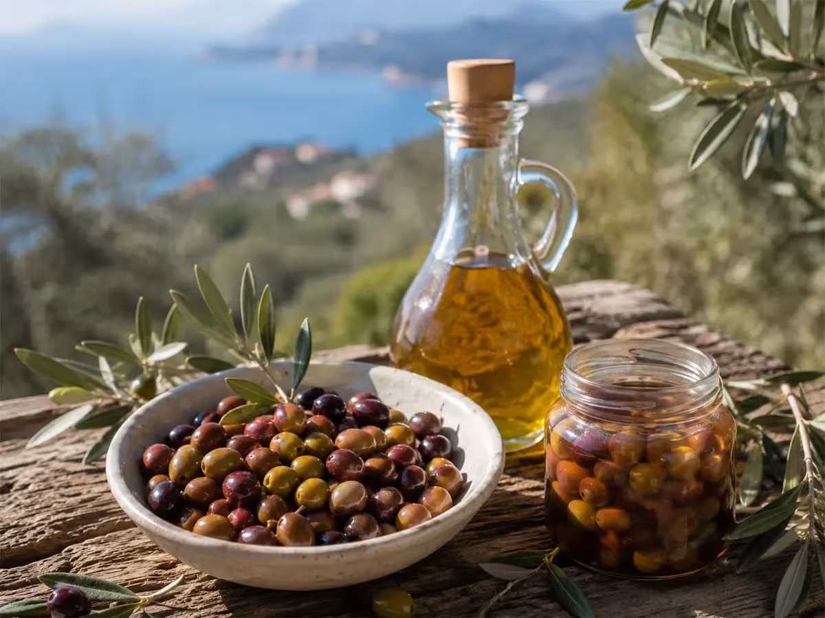 Ciotola di olive taggiasche colorate con barattolo e caraffa di olio su legno con paesaggio costiero