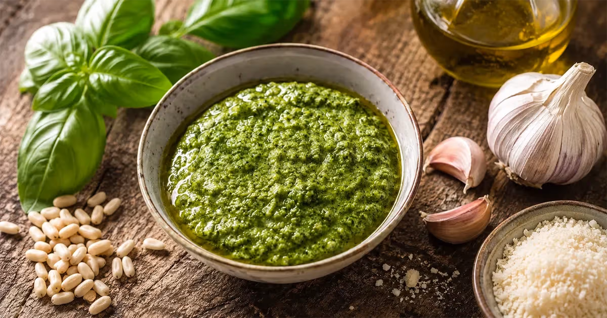 Ciotola rustica di pesto alla genovese verde brillante con basilico fresco pinoli aglio e parmigiano su legno