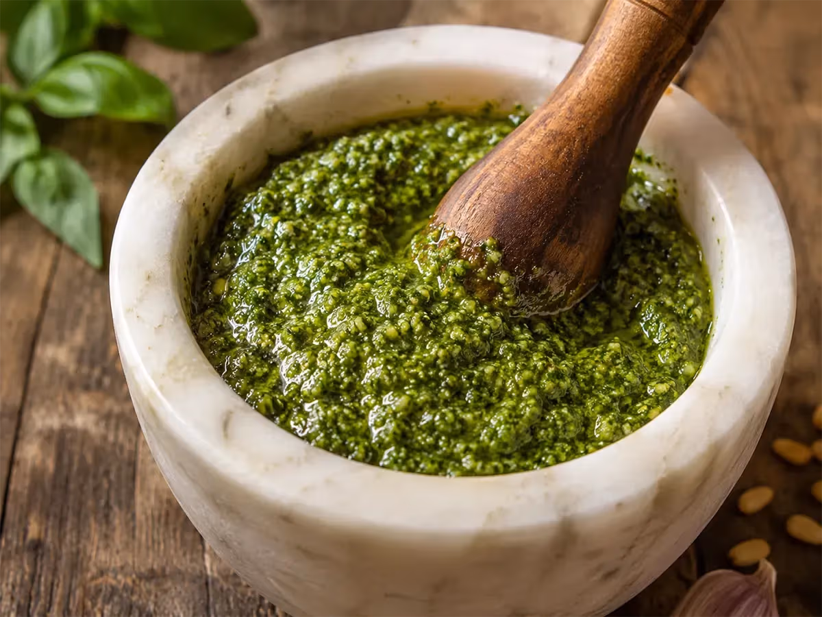 Primo piano dettagliato di pesto alla genovese brillante e granuloso nel mortaio di marmo bianco