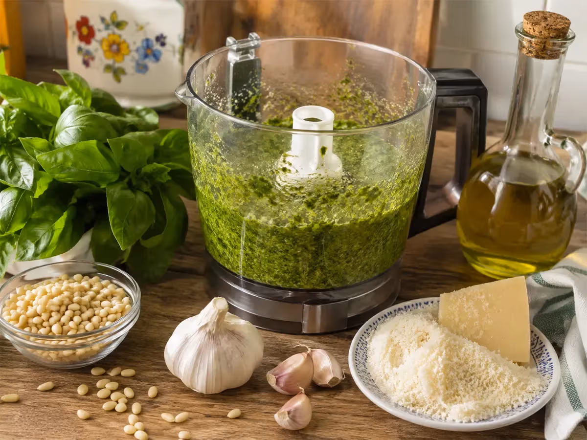 Robot da cucina con pesto alla genovese verde frullato circondato da pinoli aglio parmigiano e basilico
