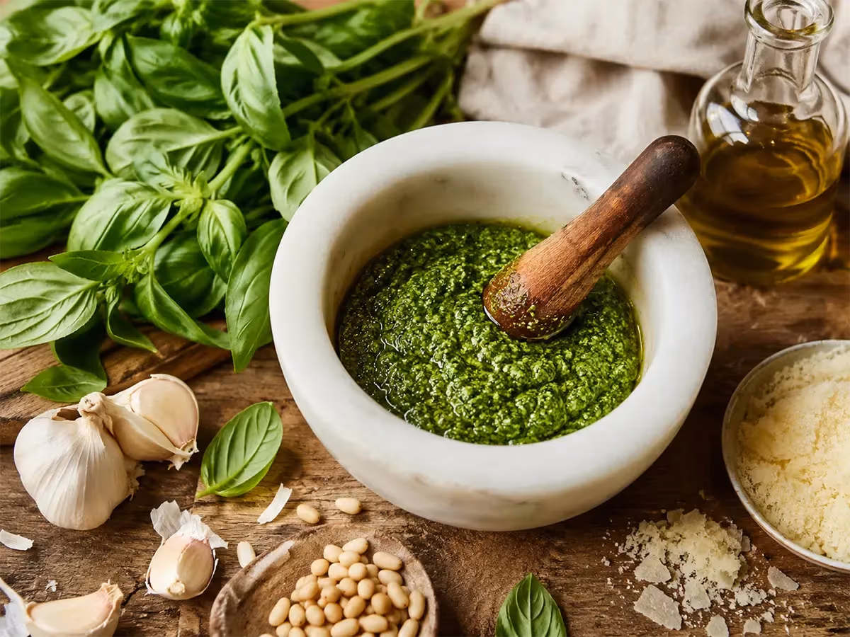 Mortaio di marmo bianco con pesto alla genovese lucido circondato da aglio basilico e parmigiano