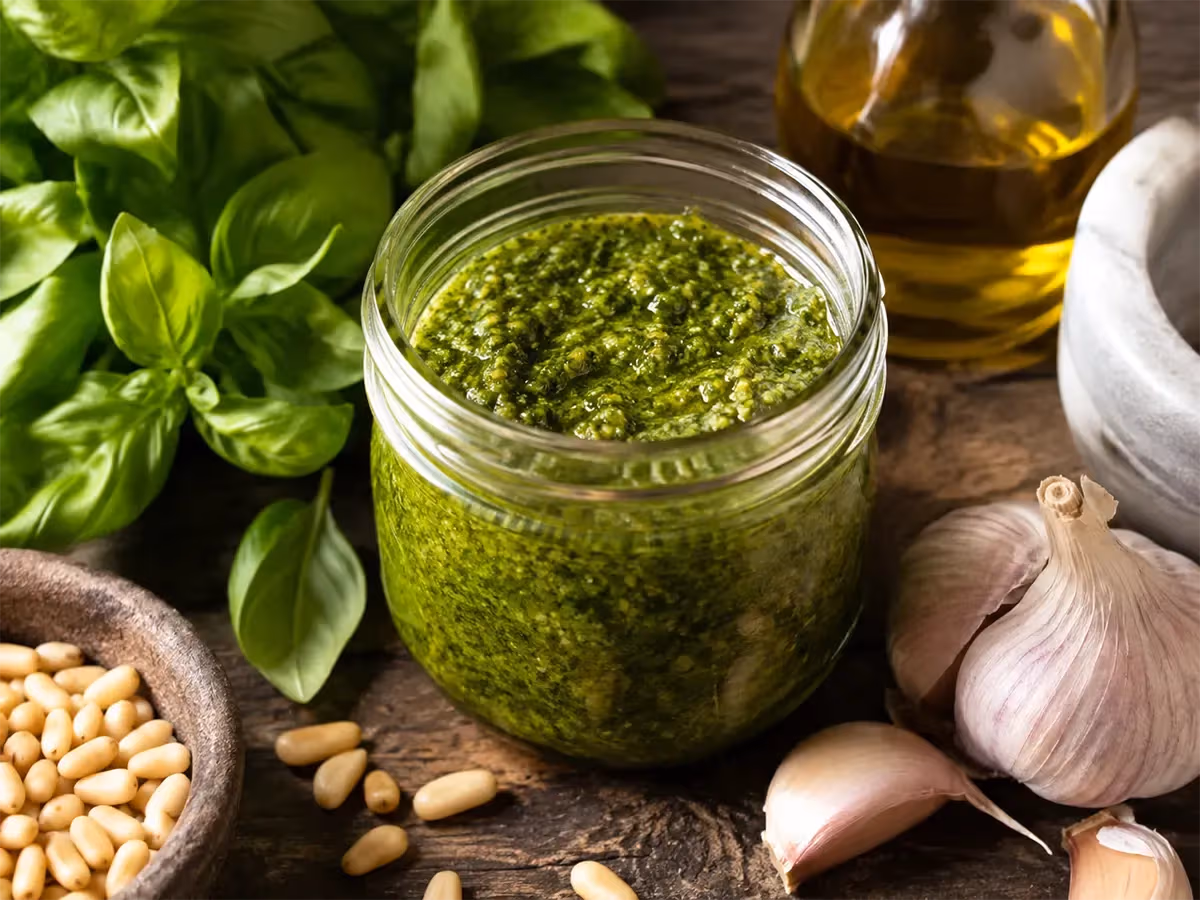 Barattolo di vetro colmo di pesto alla genovese verde intenso con aglio pinoli e olio extravergine