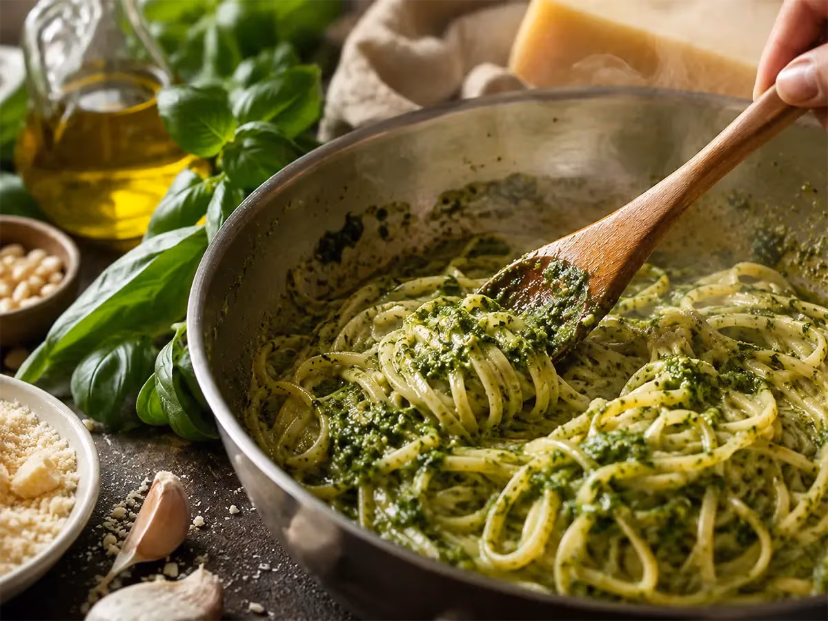 Padella con spaghetti al pesto genovese mescolati con cucchiaio di legno tra vapore e ingredienti freschi