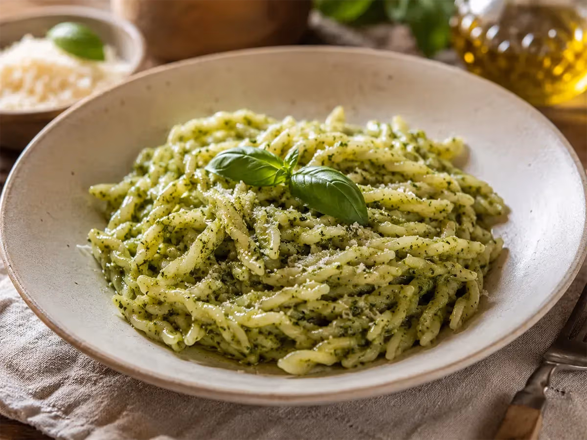 Ciotola rustica con trofie al pesto genovese cremoso guarnite con foglie di basilico fresco e parmigiano