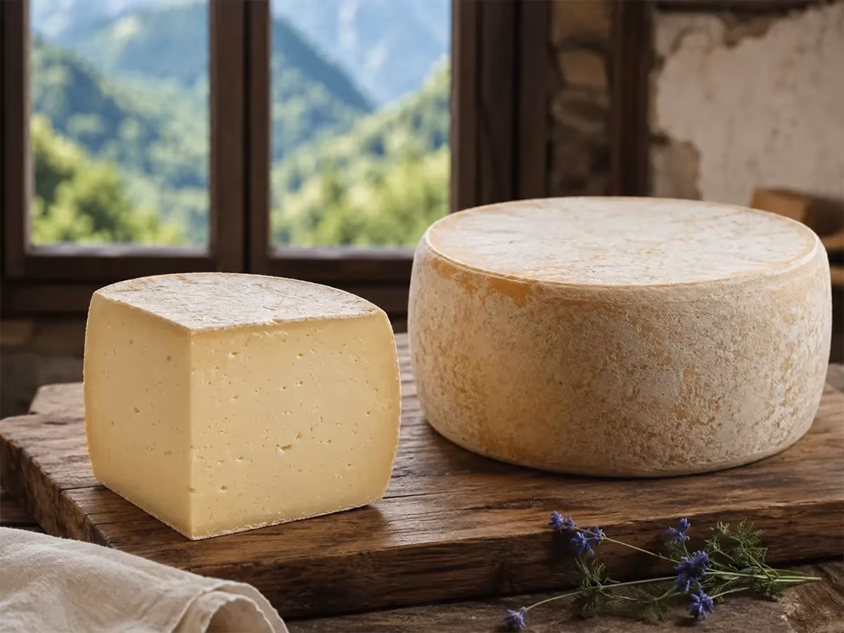Toma della Valsesia intera e in trancio su asse di legno con montagne verdi sullo sfondo