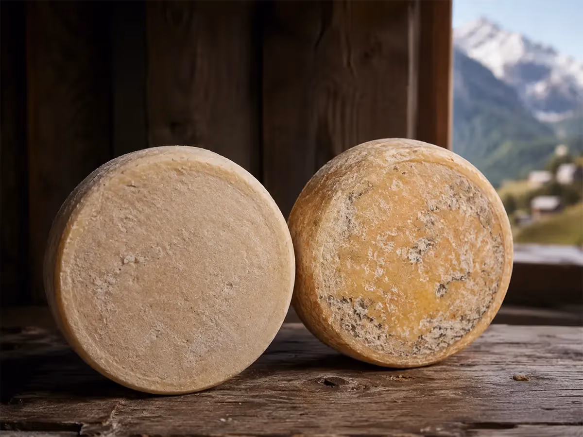 Due forme di Toma a croste differenti accostate su legno grezzo davanti a finestra con montagna