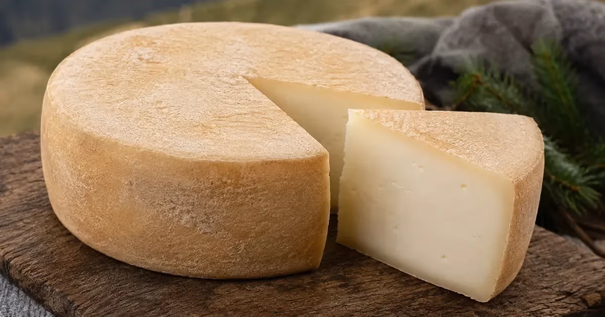 Forma intera di Toma Ossolana DOP con spicchio tagliato su tagliere rustico in legno pasta bianca crosta dorata