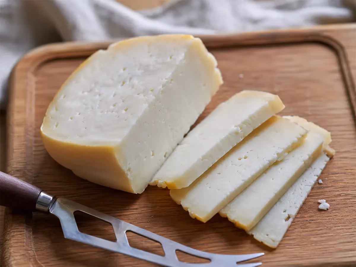 Toma Ossolana a fette sottili su tagliere di legno con coltello da formaggio accanto