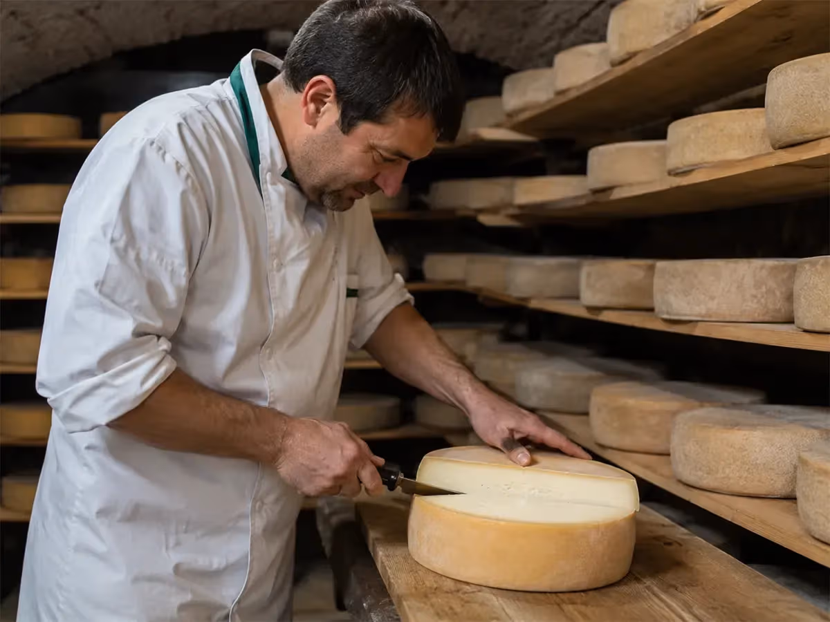 Affinatore in abito bianco taglia una forma di Toma stagionata in cantina con scaffali pieni