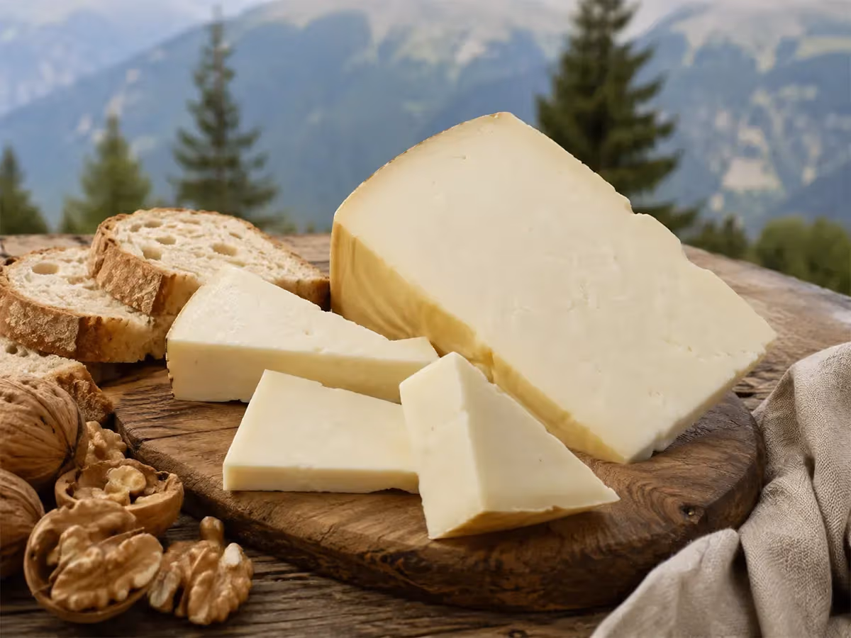 Fette di formaggio Toma alpino con pasta color crema disposte su tagliere con noci e pane