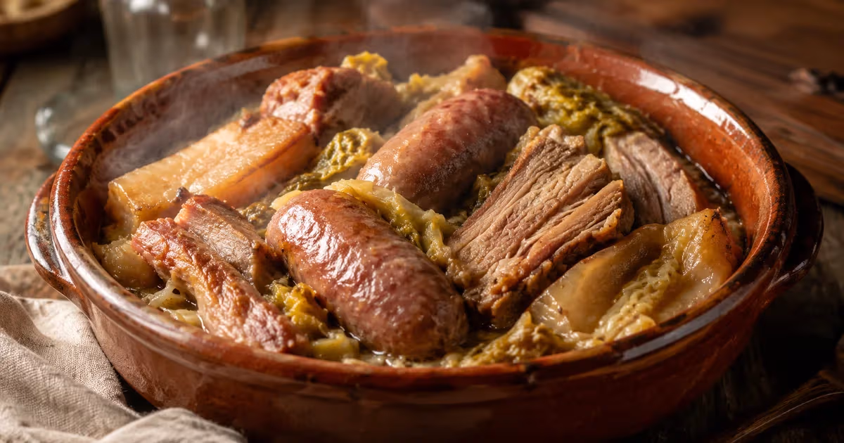 Cassoeula lombarda fumante in terracotta con salsicce dorate costine di maiale e verza stufata