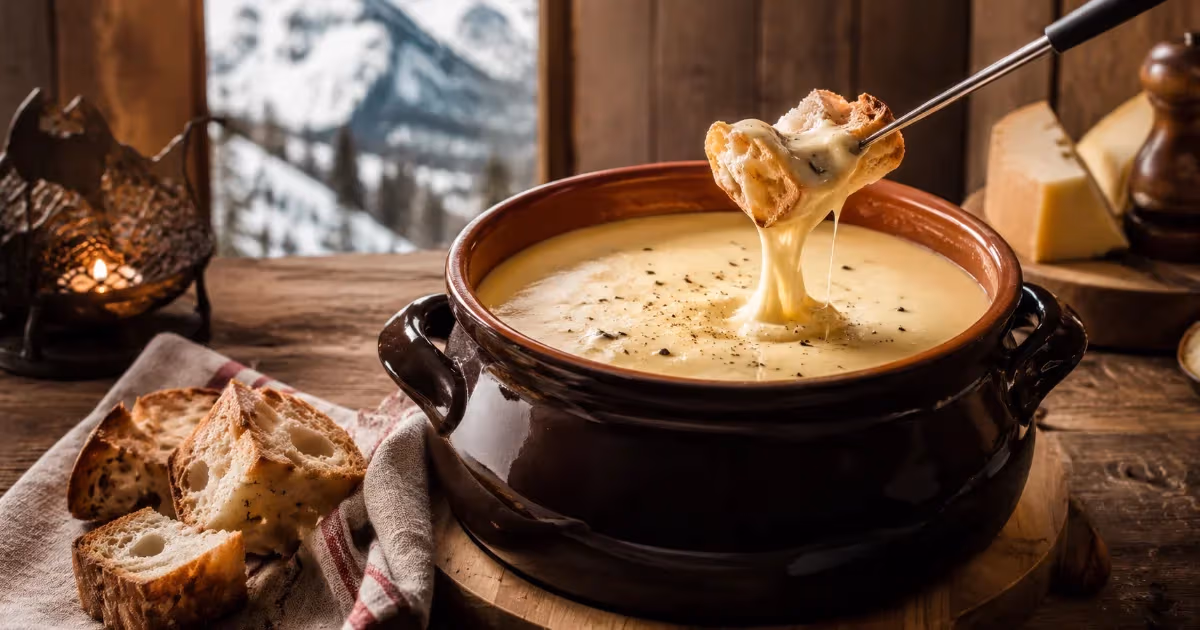 Fonduta valdostana cremosa in caquelon scuro con pane inzuppato filante su tavolo rustico montano