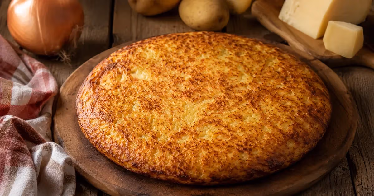 Frico croccante dorato su tagliere di legno con cipolla patate e formaggio sullo sfondo