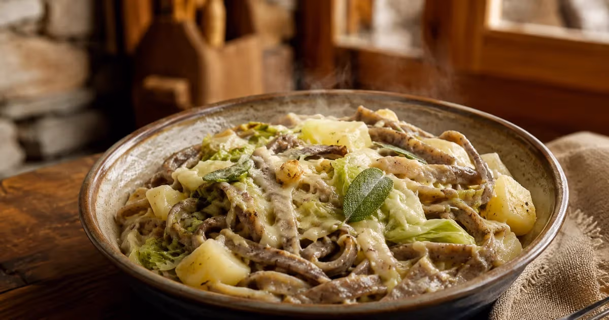 Pizzoccheri della Valtellina fumanti con patate cavolo verza e foglie di salvia in ciotola rustica