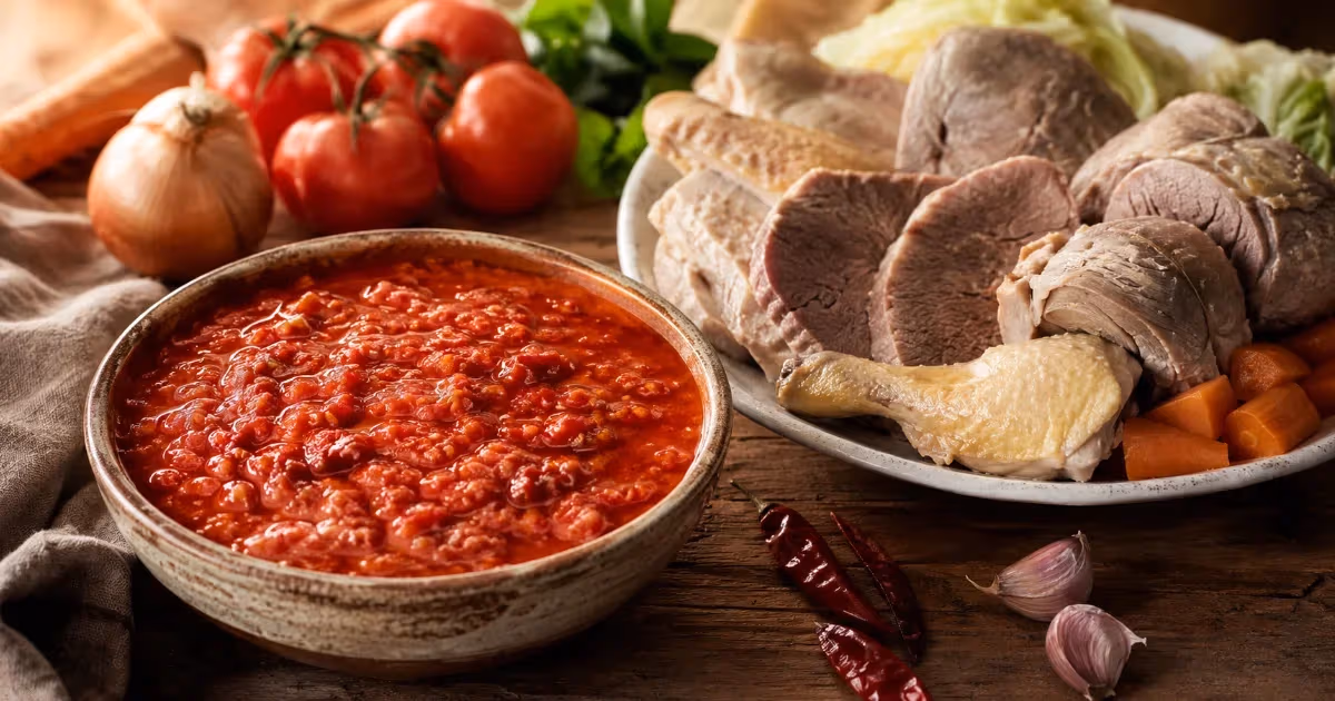 Ciotola rustica di salsa rossa piemontese densa accanto a bollito misto con carote e aglio