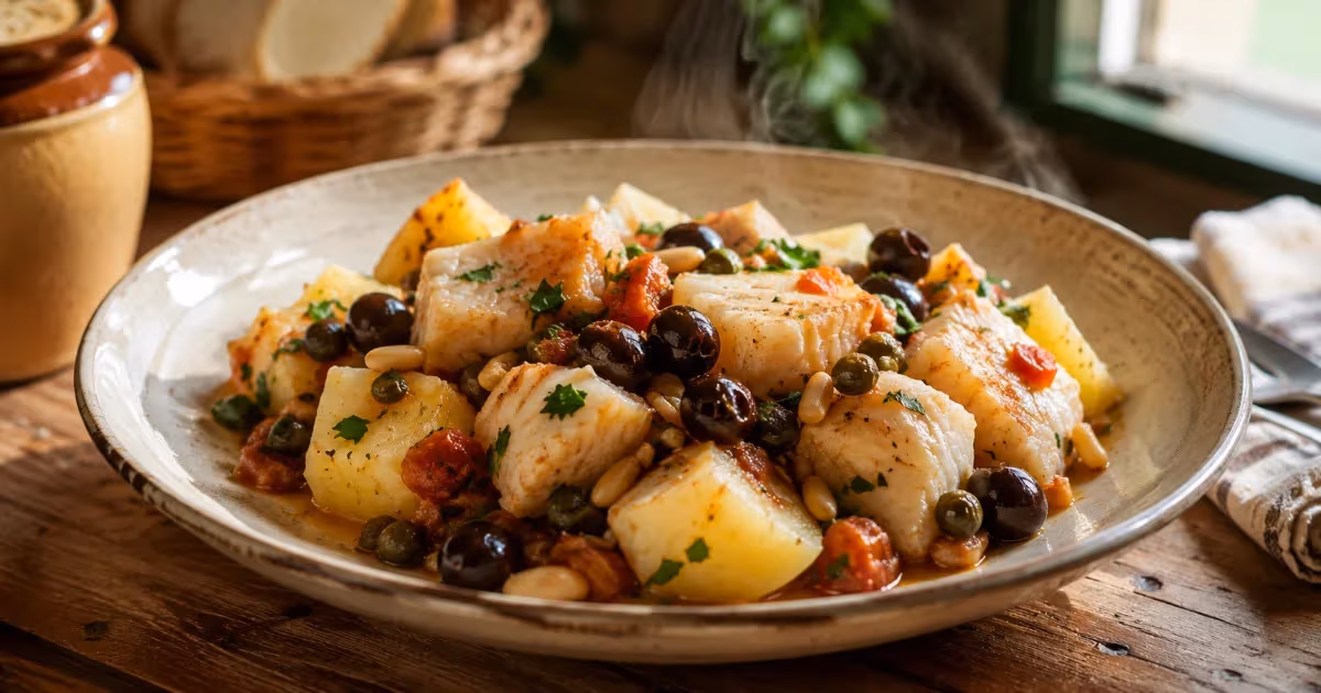 Stoccafisso ligure con patate gialle olive nere capperi pomodoro e prezzemolo in piatto rustico